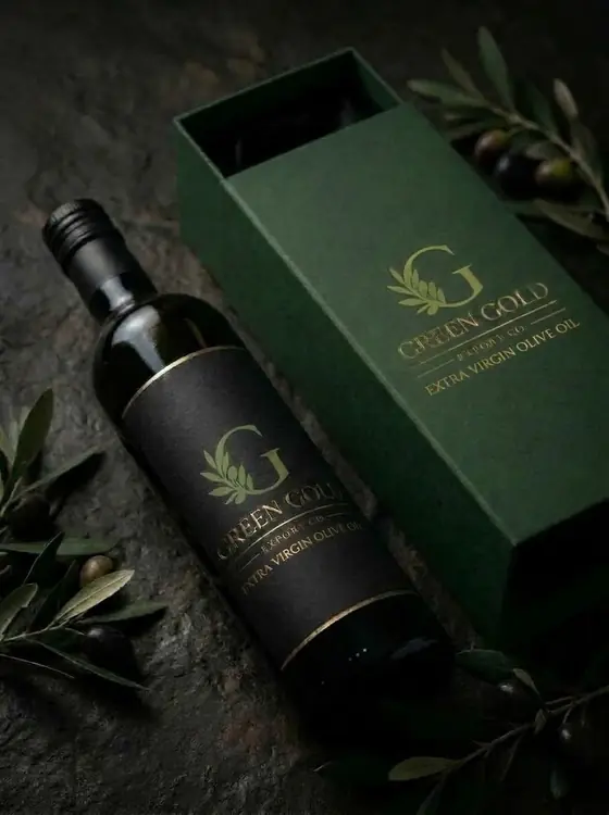 A Green Gold extra virgin olive oil bottle with its green gift box