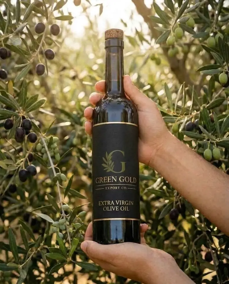 A Green Gold extra virgin olive oil bottle held up in an olive grove