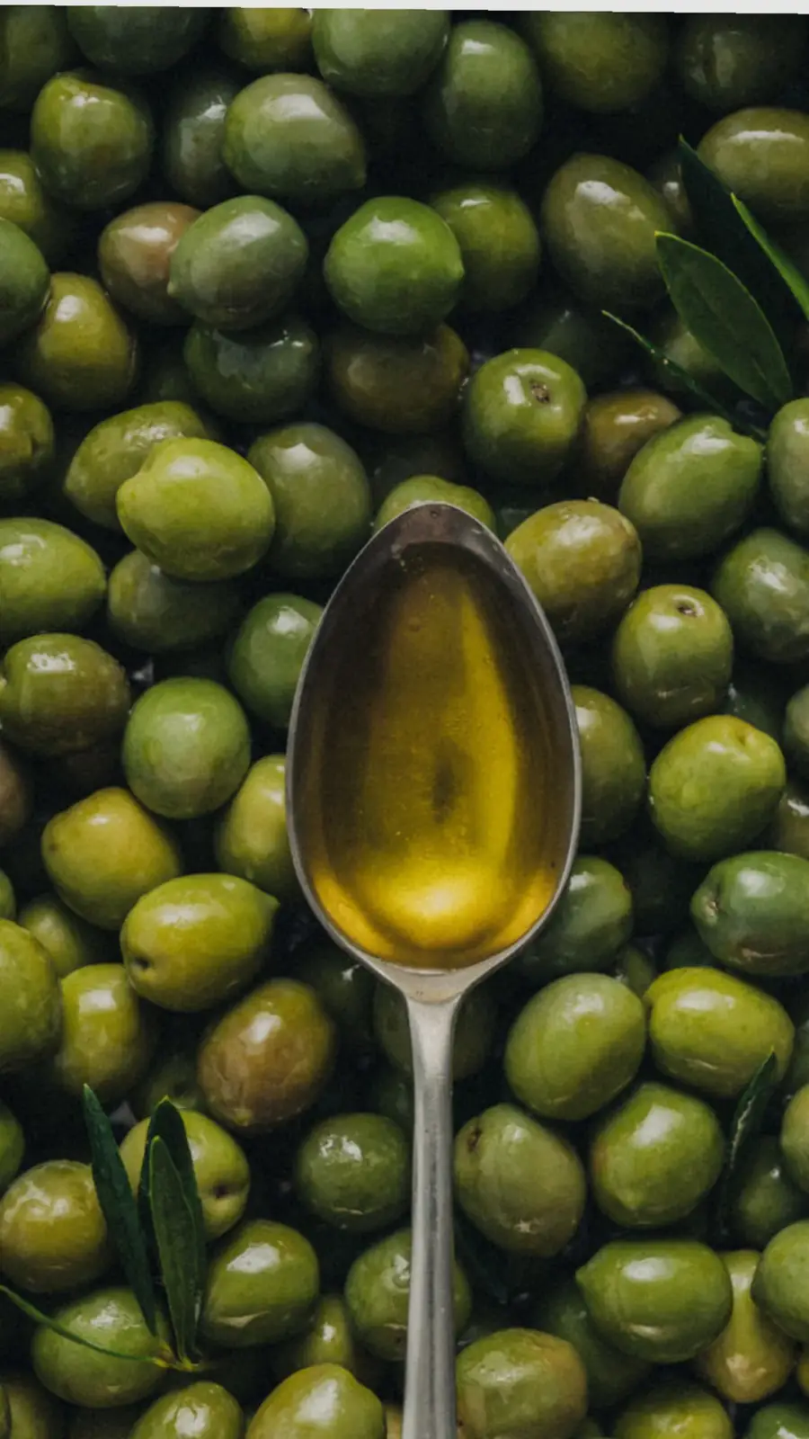 A spoonful of olive oil resting on green olives